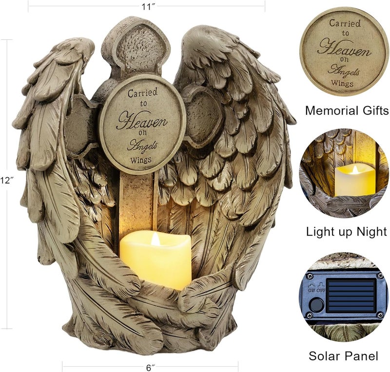 MXwcy 12“ Angel Wings Embracing Cross Solar Flameless LED Candles Outdoor Garden Memorial Statue for Garden Decoration Yard Art, A Touching Memorial Gift & Condolence Gifts Grave Decorations for Cemetery - Image 2
